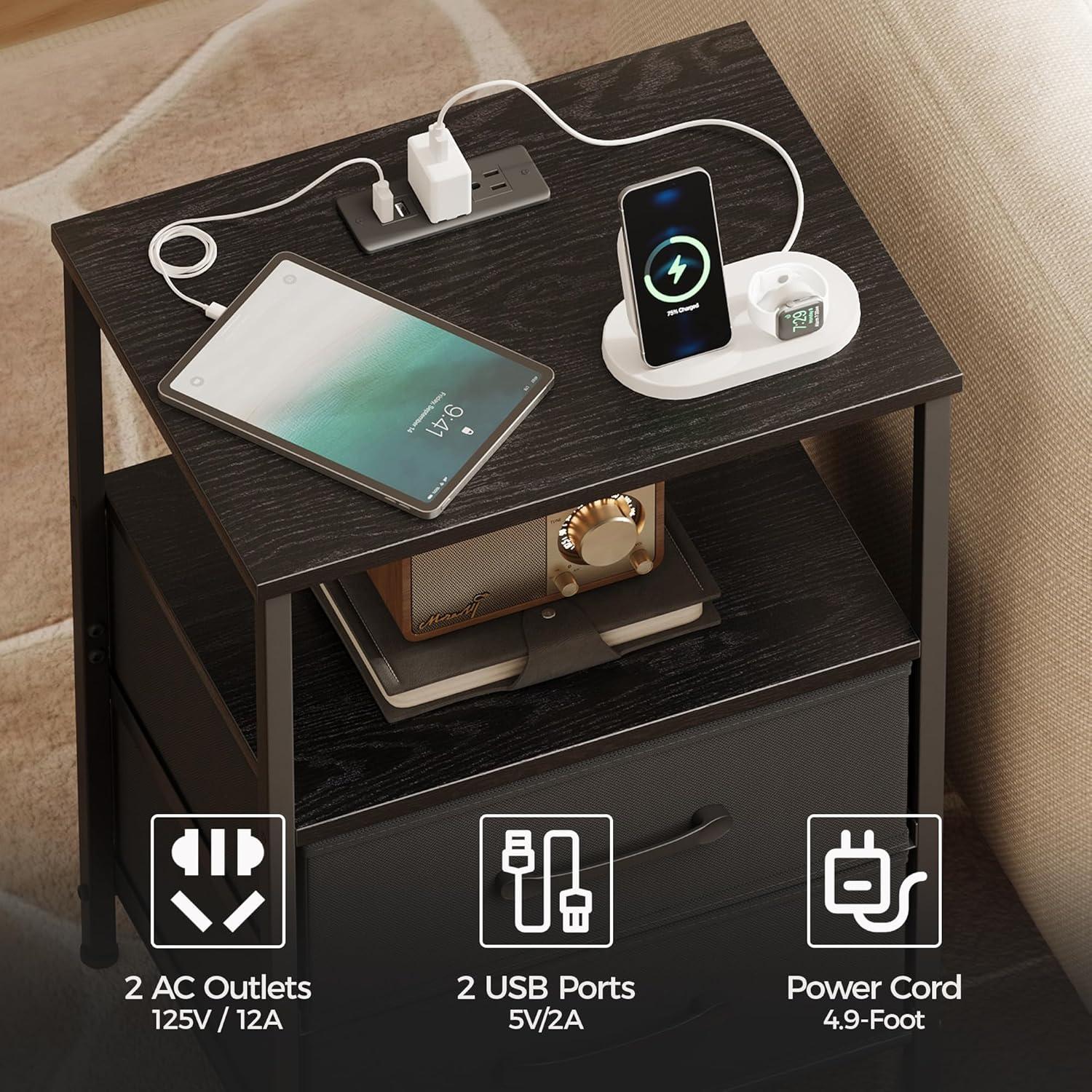 End Table with Charging Station, Narrow Side Table with 2 Fabric Drawers, Skinny Nightstand with LED Light, Slim Bedside Table for Bedroom, Living Room, Small Spaces, White