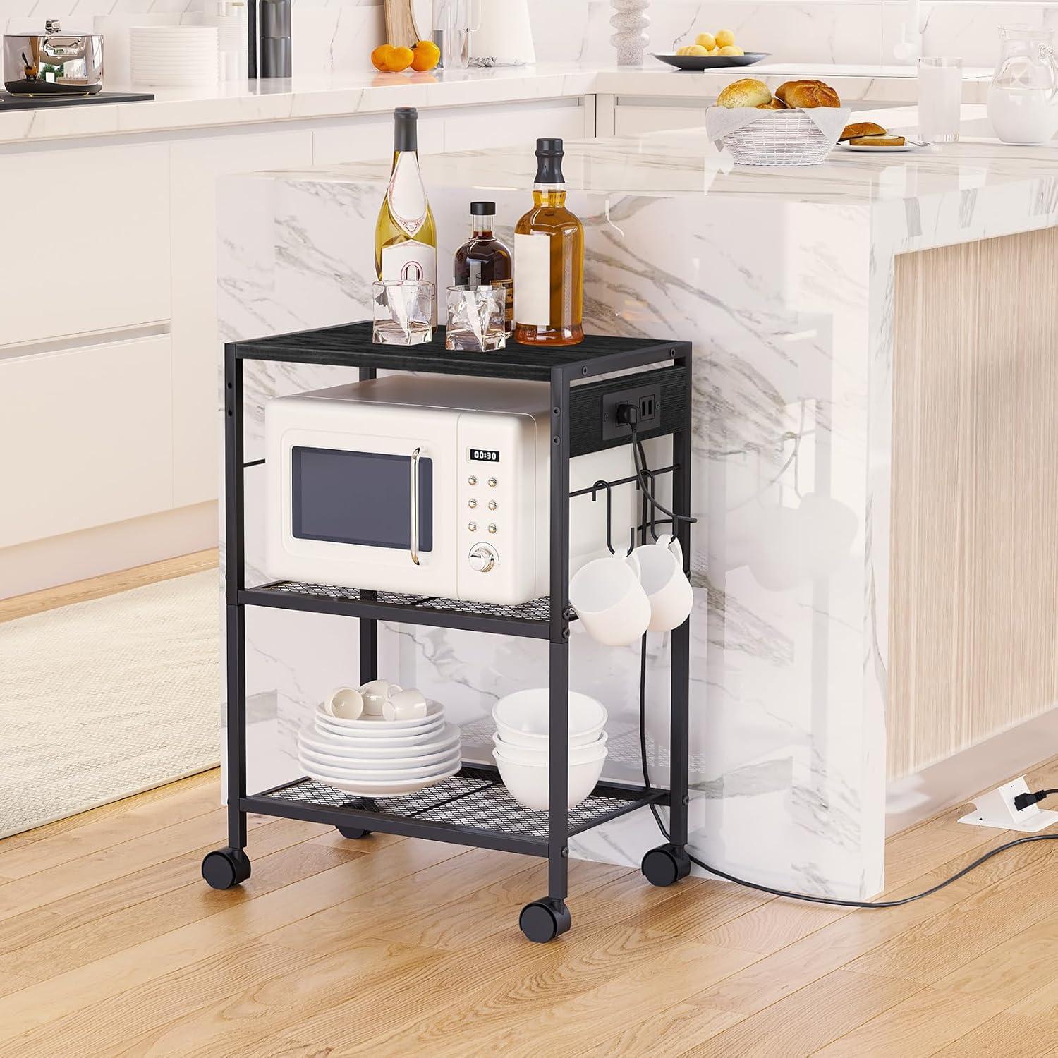 Greige and Black 3-Tier Industrial Mobile Printer Stand with Power Outlets