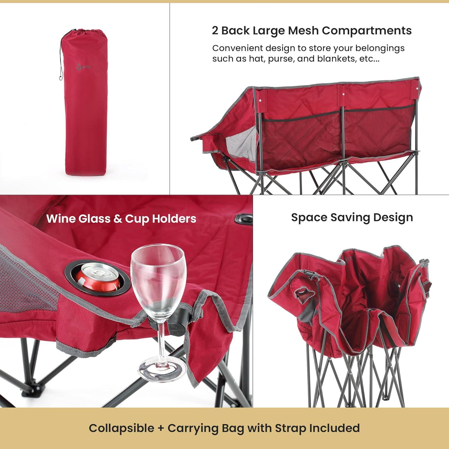 ARROWHEAD OUTDOOR Portable Folding Double Duo Camping Chair Loveseat w/ 2 Cup & Wine Glass Holder, Heavy-Duty Carrying Bag, Padded Seats & Armrests, Supports up to 500lbs, USA-Based Support (Red)