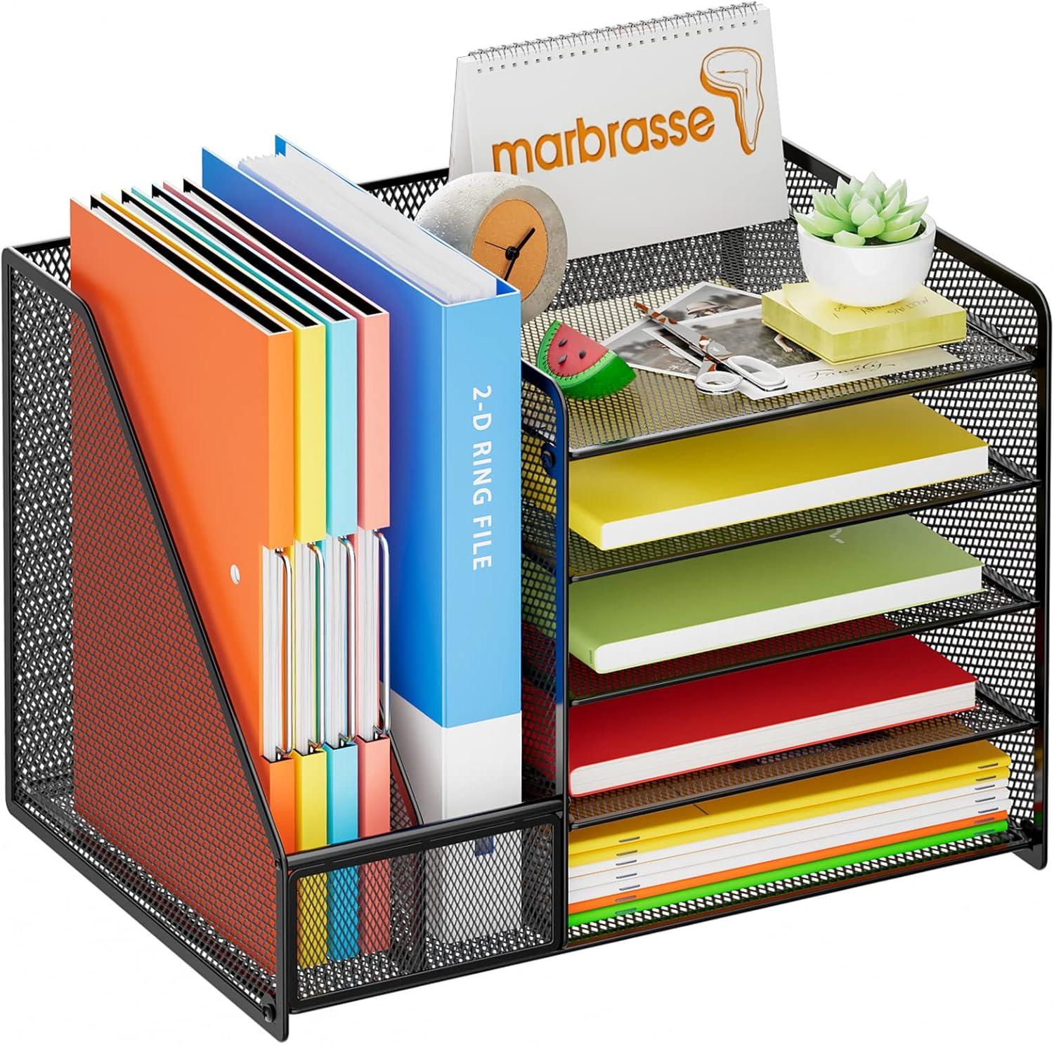 Marbrasse Desk Organizer with File Holder, 5-Tier Paper Letter Tray Organizer, Mesh Desk Organizers and Accessories with Magazine Holder, Desktop Organizer and Storage for Office Supplies