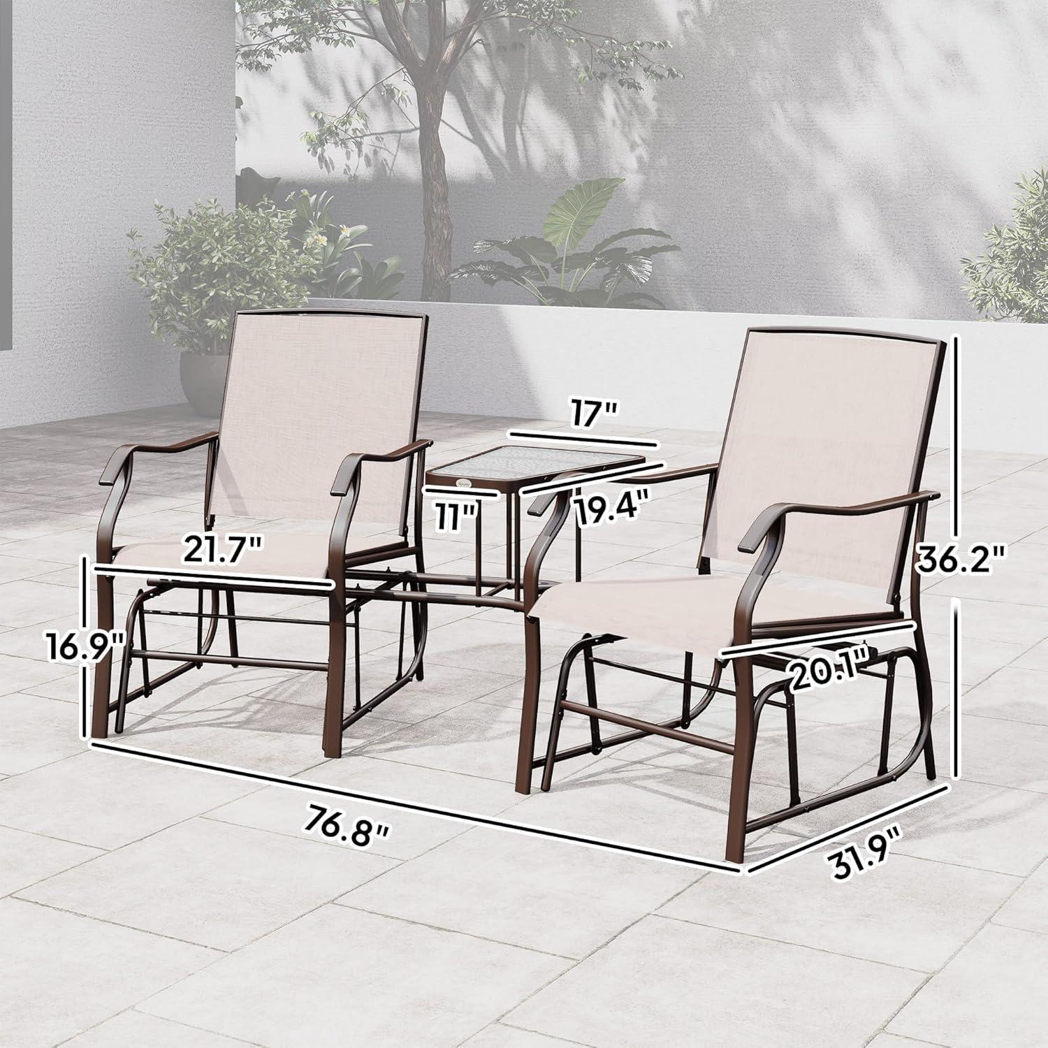 Outsunny Outdoor Glider Chairs with Coffee Table, Patio 2-Seat Rocking Chair Swing Loveseat with Breathable Sling, Coffee Brown