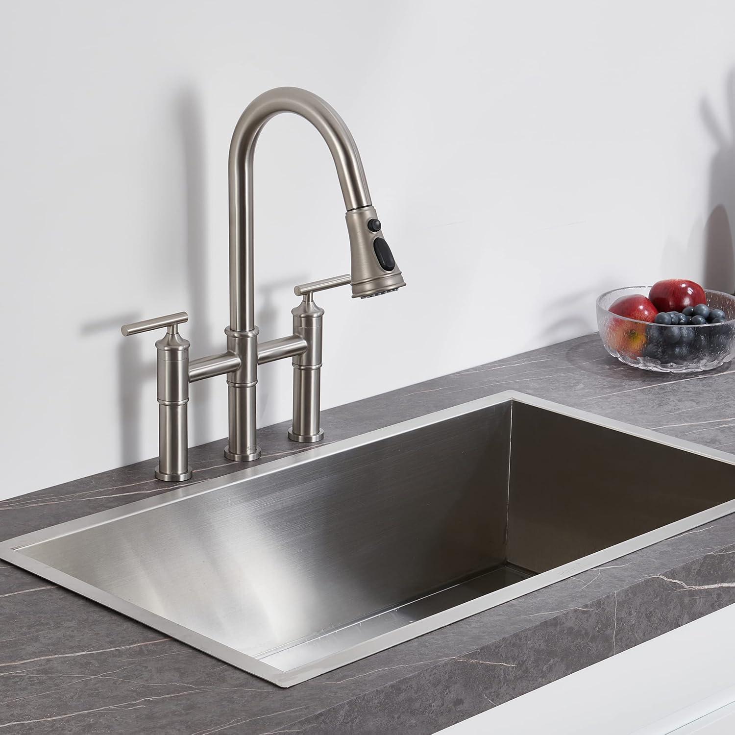 Brushed Nickel Double Handle Bridge Faucet with Pull-Down Sprayer