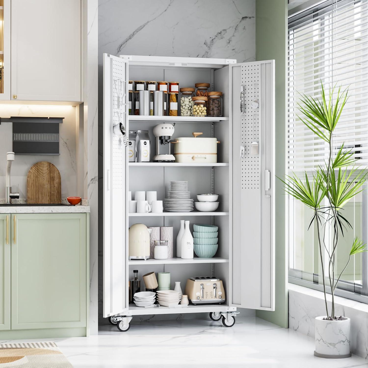 Aobabo Metal Storage Cabinet with Wheels & Pegboards,Office Storage Cabinet with Lock & Shelves,72'' H Steel Garage Cabinet for Office Home Storage,White Required-Assembly