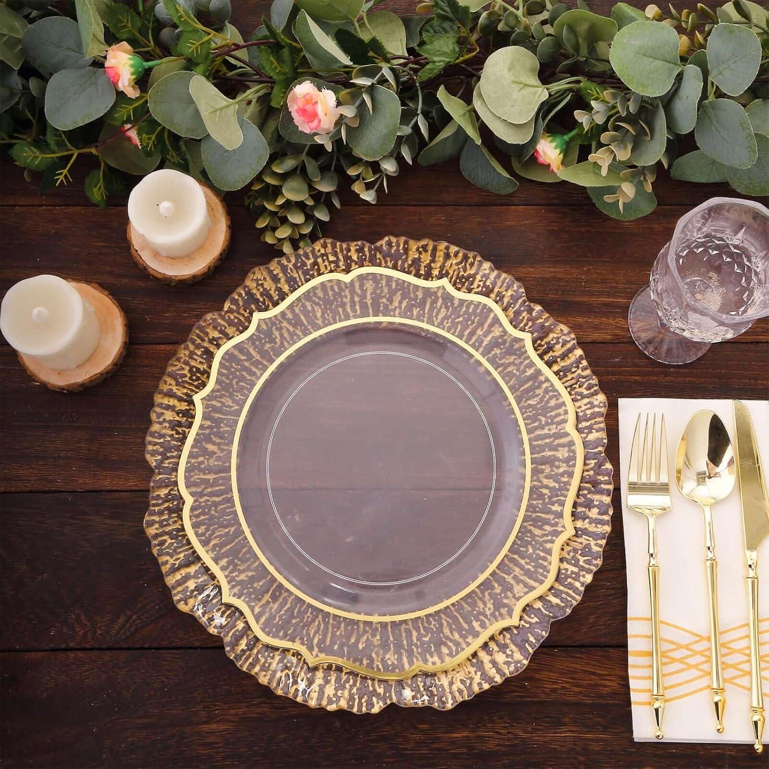Efavormart 6 Pack Clear Plastic Charger Plates With Gold Reef Rim, 12" Round Scalloped Disposable Serving Plates