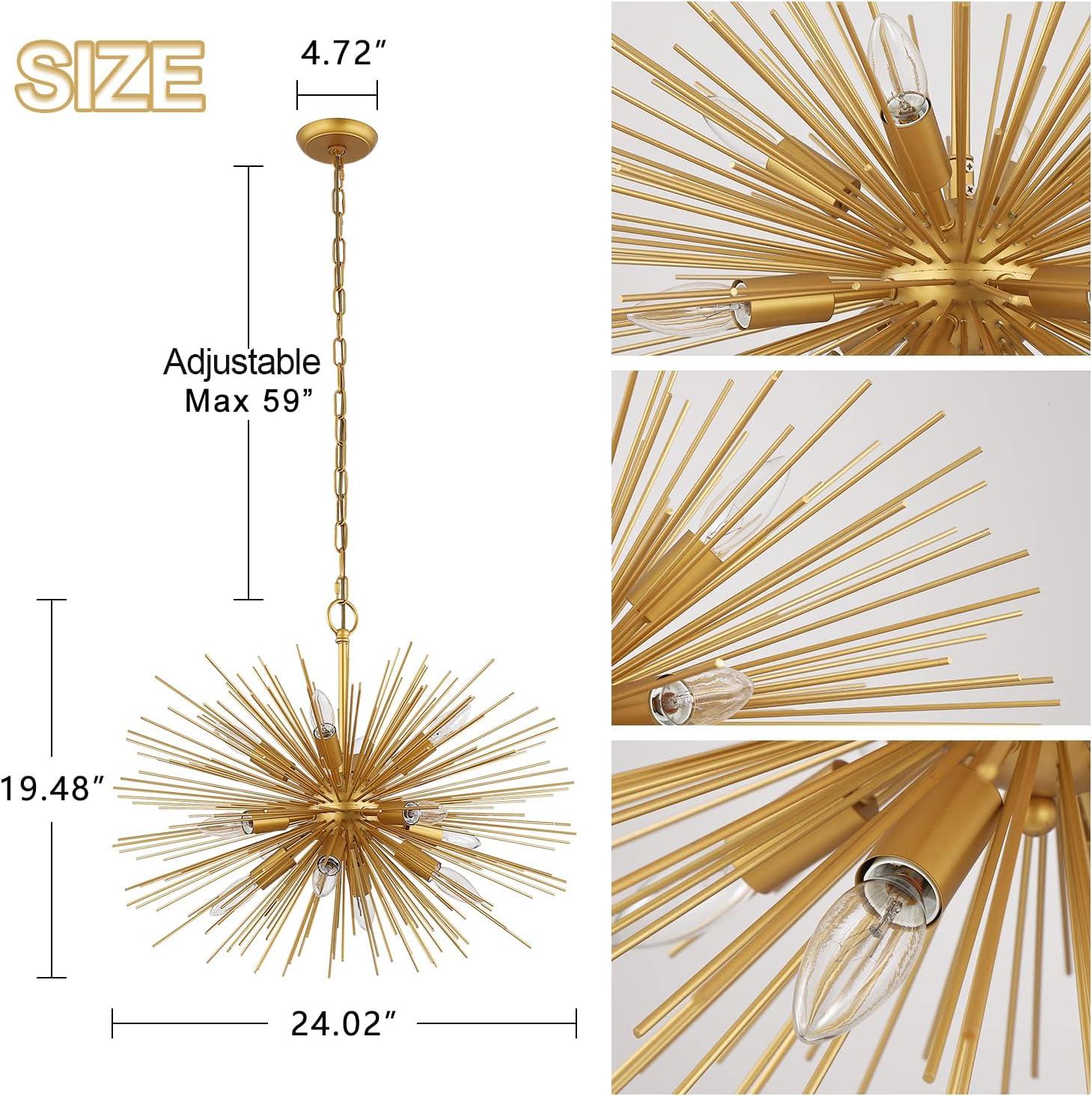 Gold 12-Light Sputnik Starburst Chandelier with Adjustable Chain