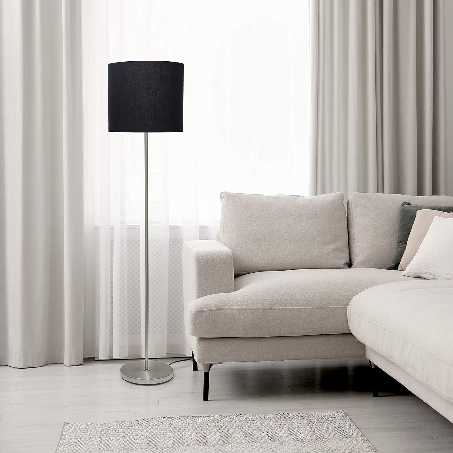 Simple Designs Drum Shade Floor Lamp Gray : Brushed Nickel Finish, Cotton Shade, ETL Listed, Modern Decor
