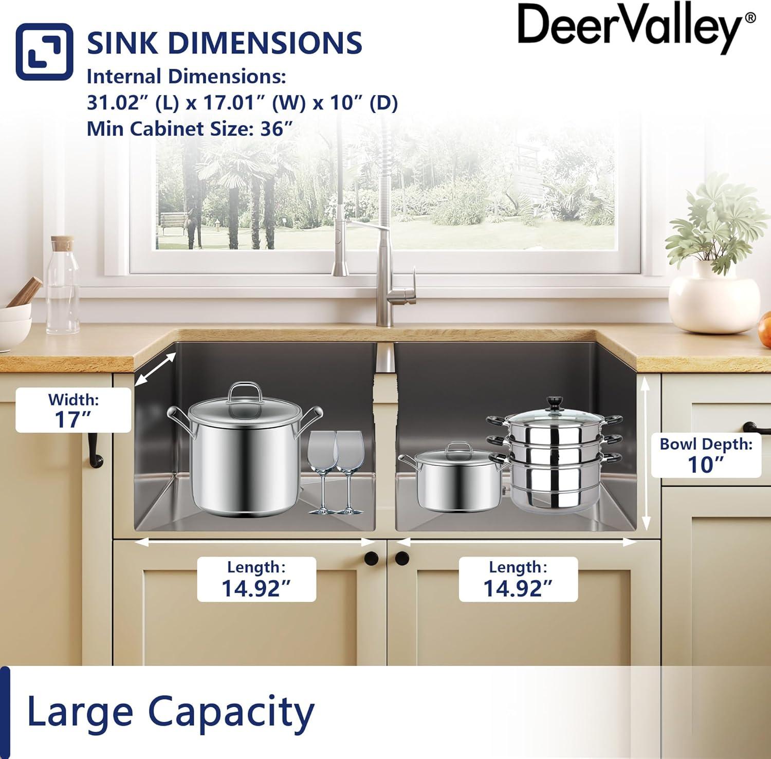 DeerValley 33'' L Undermount 50/50 Double Bowl Stainless Steel Kitchen Sink with Basket Strainers and Stainless Steel Grids