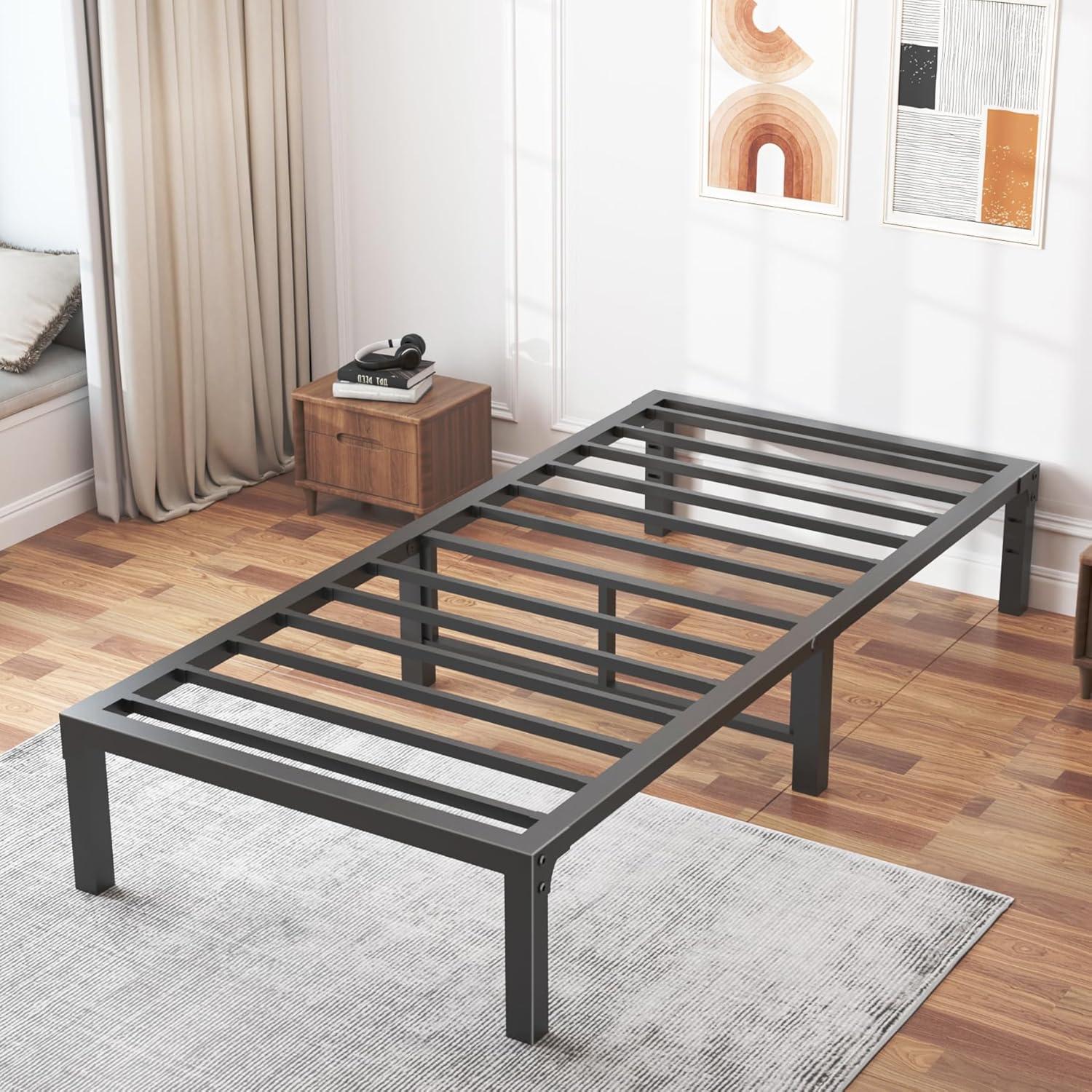 Black Twin Heavy Duty Metal Bed Frame with Drawer and Slats