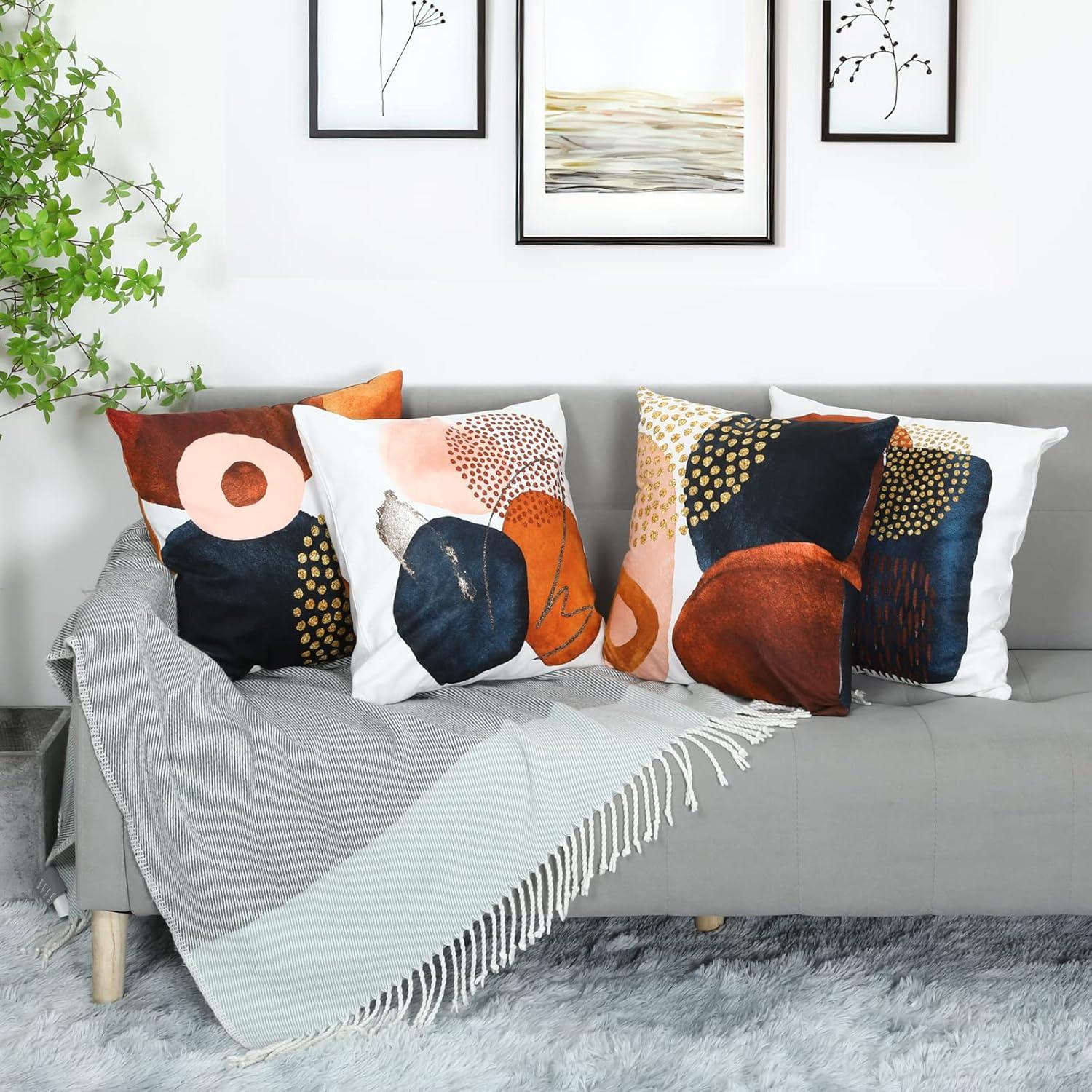 Mid Century Modern Boho Abstract Throw Pillow Covers 18x18 Set of 4 Aesthetic Navy Blue Burnt Orange Pillow Covers Geometric Minimalist Decor for Couch Home Decor