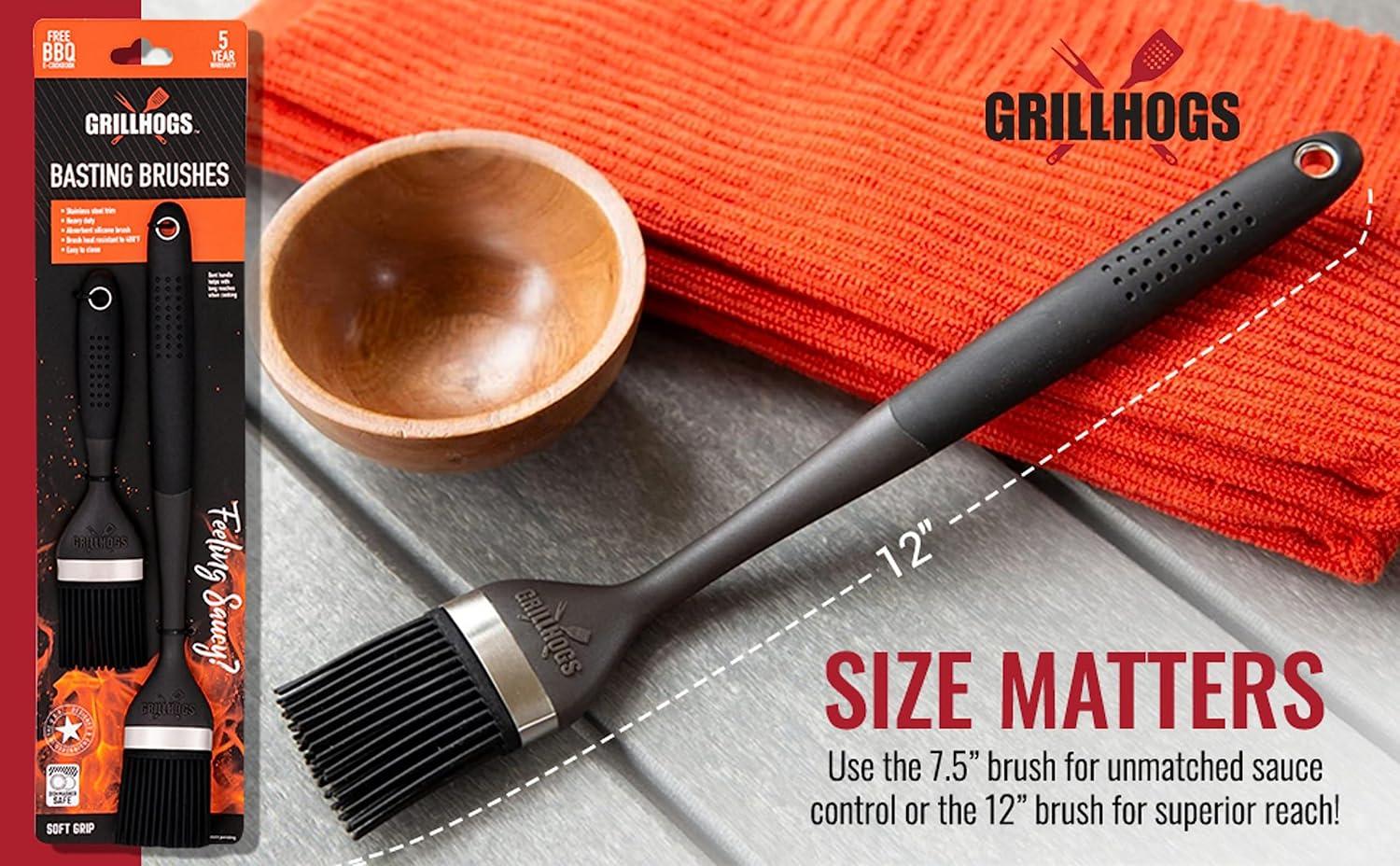 Kitchen Basting Brush, 18/0 Stainless Steel Set of 2 for Grilling & Cooking - 7.5 Inch Precision & 12 Inch Reach Grill Brushes with 480°F Heat Resistant Bristles - Silicone Brush, Pastry, BBQ Brush