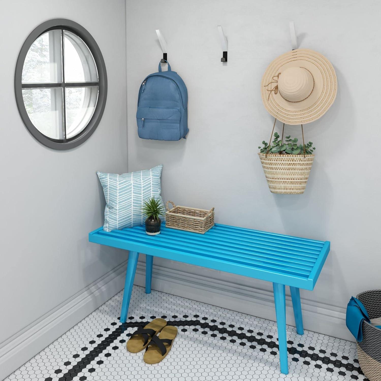 Teal Mid-Century Modern Pine and Birch Entryway Bench