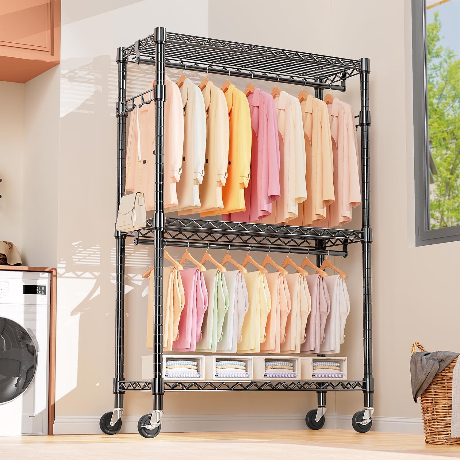 Heavy Duty Clothes Rack Rolling Garment Rack,3 Tier Adjustable Wire Shelving Clothing Racks for Hanging Clothes with Double Rods&Side Hooks,Freestanding Wardrobe Storage Rack Metal Portable Closet