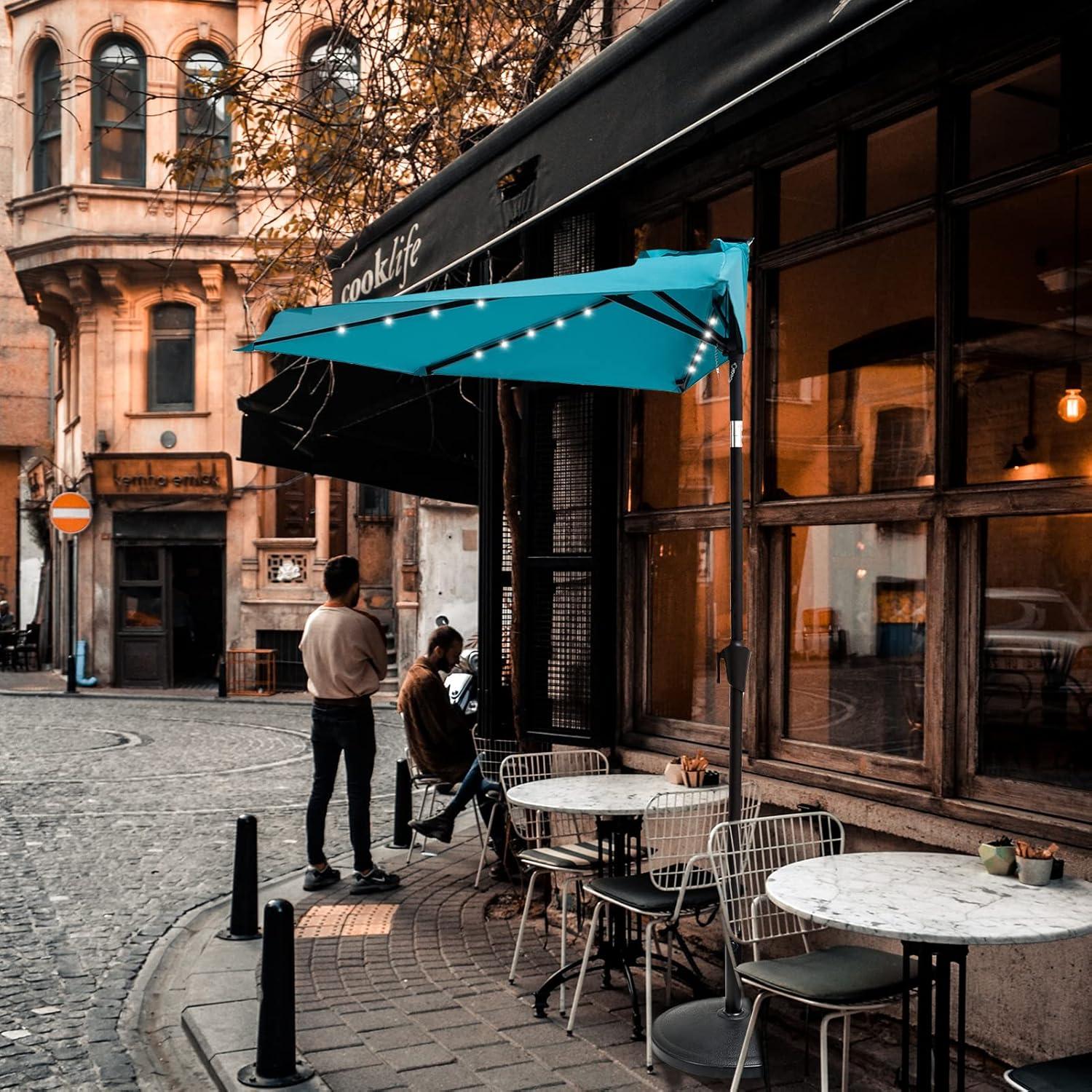FLAME&SHADE 9 ft Half Round Solar Powered Outdoor Market Patio Table Umbrella for Wall Balcony with LED Lights and Tilt, Aqua Blue