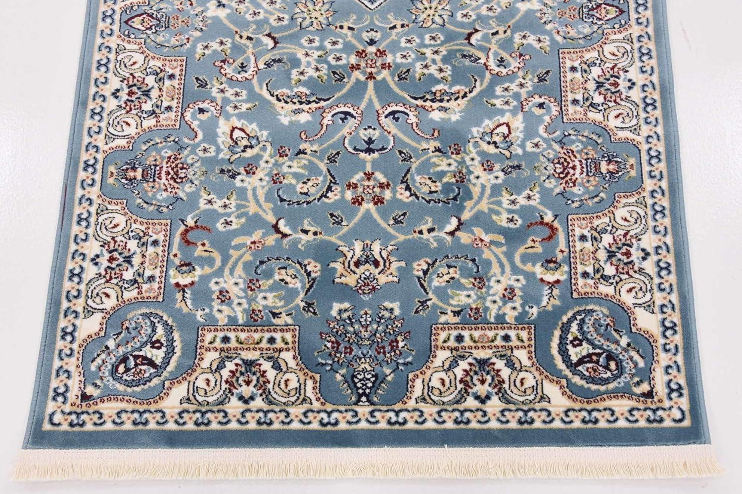 Blue Floral Synthetic Stain-Resistant Runner Rug