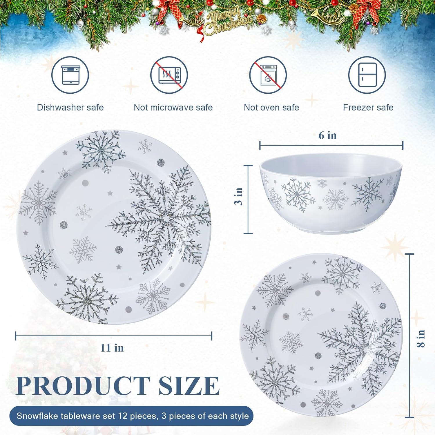 The Holiday Aisle® 12 Pcs Christmas Snowflake Melamine Dinnerware Set Plates And Bowls Set Include  Dinner Plates Plates Soup Bowl,Service For 4 For Christmas Winter Party Supplies