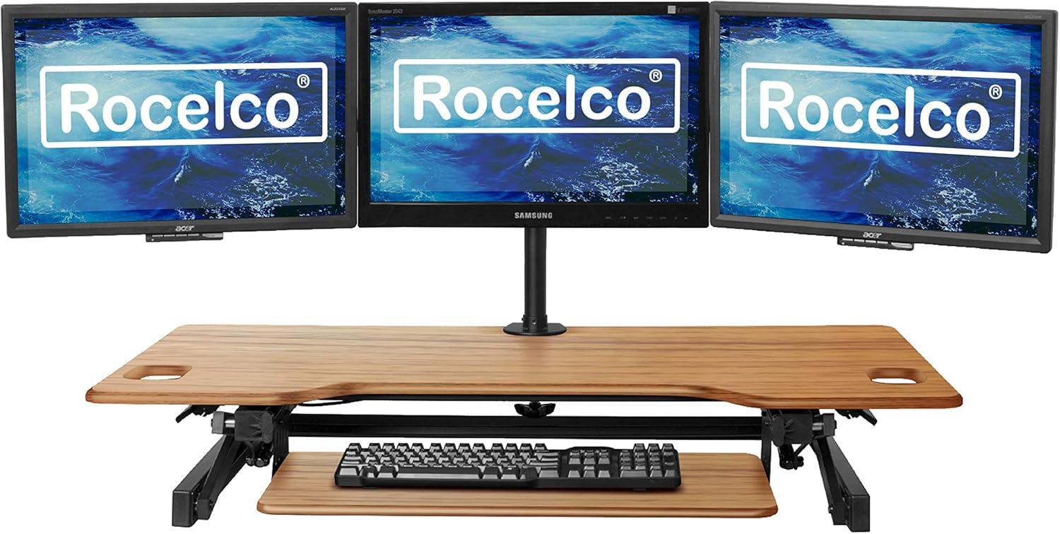 46in Large Adjustable Standing Desk Converter/Triple Monitor Mount Bundle - Teak - Rocelco