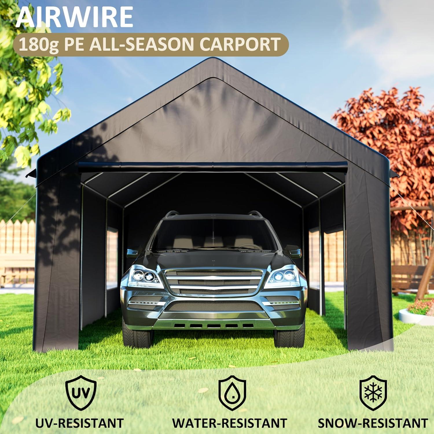 12' x 20' Black Metal Portable Carport with Windows