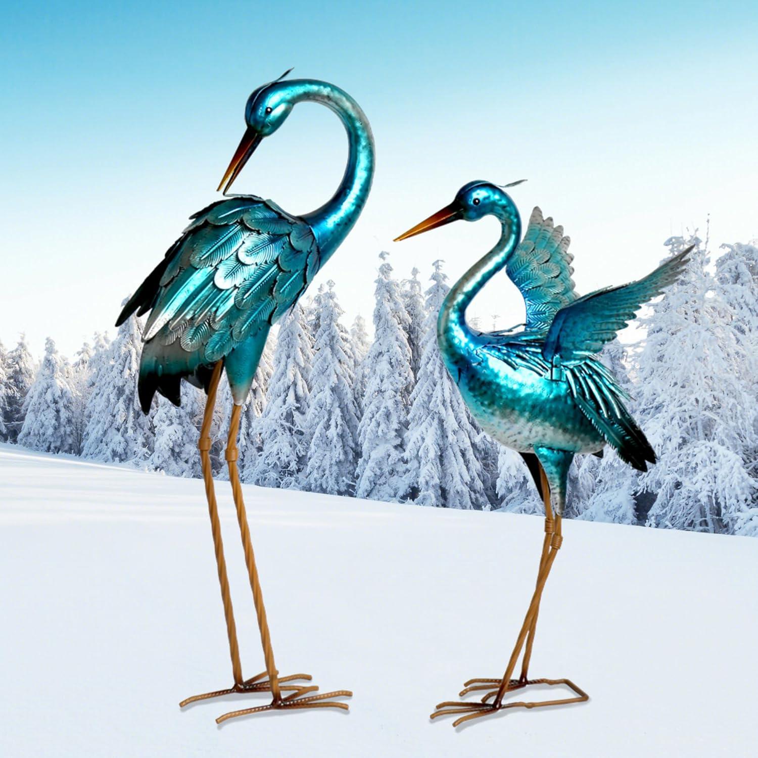 Chisheen Crane Garden Statues, Metal Garden Crane Outdoor, Blue Heron Sculpture Metal Yard Art, Large Garden Heron Decoy, Bird Statues, Lawn Ornaments for Backyard Pond Patio Porch Outside