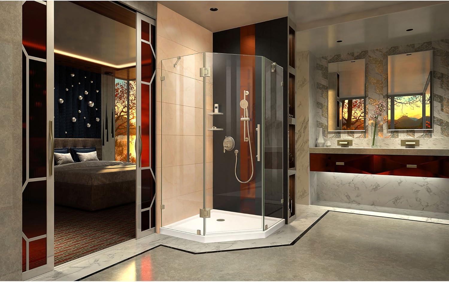 Luxurious Frameless Clear Glass Neo-Angle Shower Enclosure with Bronze Hardware