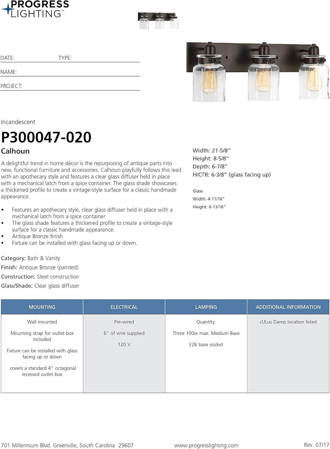 Progress Lighting Calhoun 3-Light Bath Vanity, Steel, Antique Bronze, Clear Glass Shade