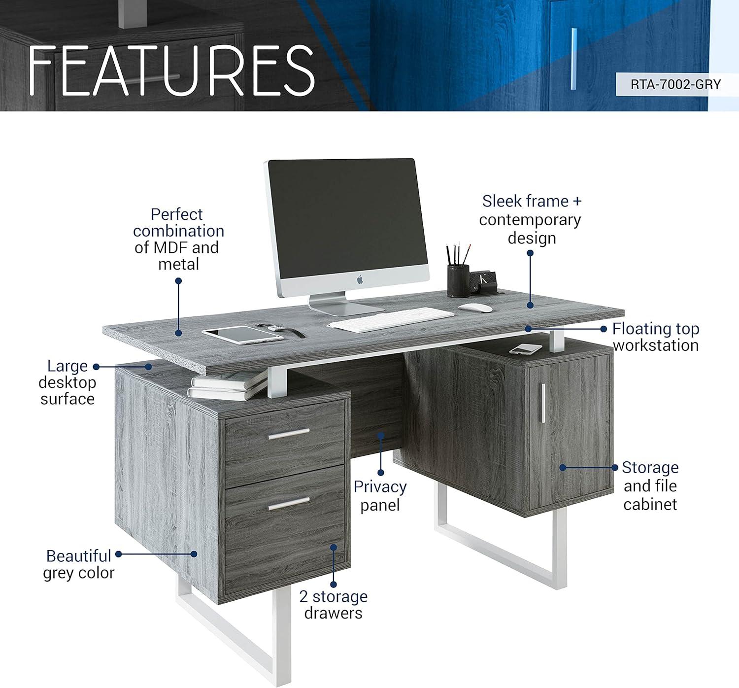 Modern Office Desk with Storage Gray - Techni Mobili: Sleek Metal Legs, File Cabinet, Floating Top