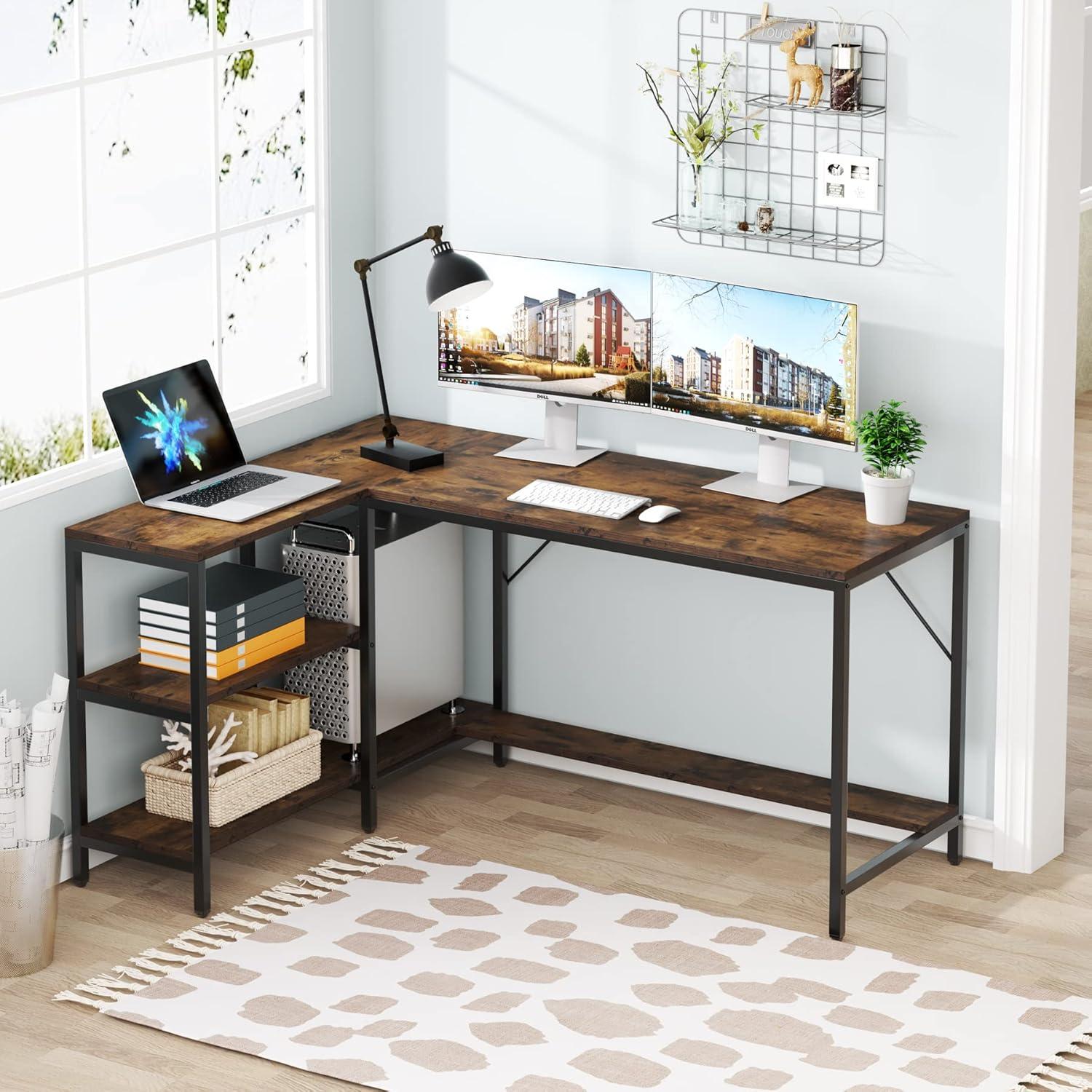 Rustic Brown L-Shaped Engineered Wood Gaming Desk with Shelves