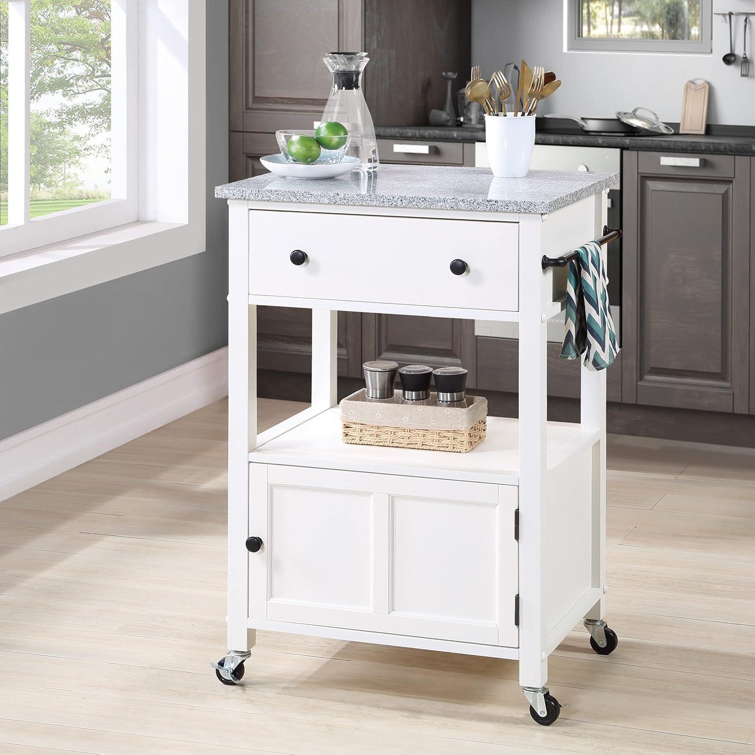 Fairfax Engineered Wood Kitchen Cart with Granite Top and White Base