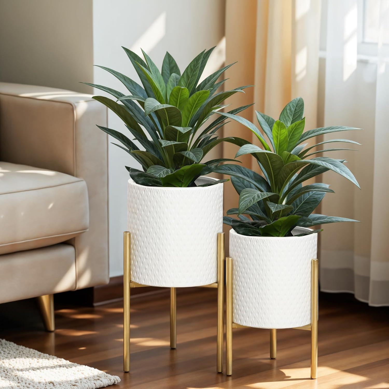 Planters for Indoor Plants, Set of 2 Indoor Plant Pots, White Planter with Gold Metal Stand, Luxury Flower Pots for Indoor Plants, Large Floor Plant Pot for Indoor Plants, NOT Waterproof