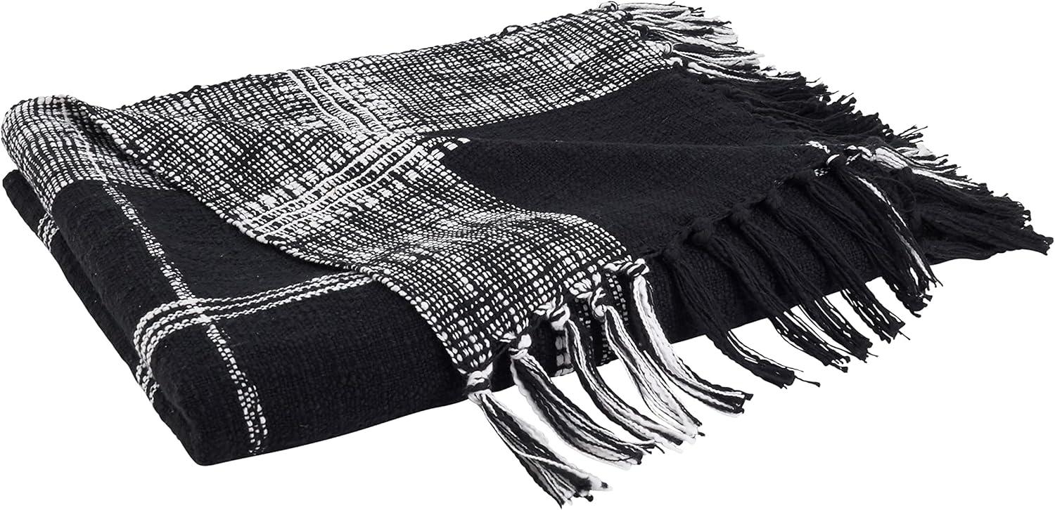 Black and White Cotton Plaid Throw Blanket with Fringe