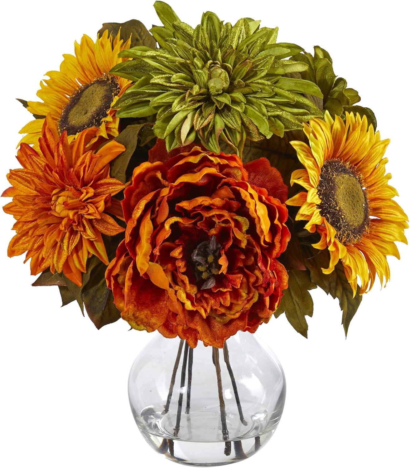 HomeStock Eclectic Elegance 12In. Peony, Dahlia And Sunflower Artificial Arrangement In Glass Vase