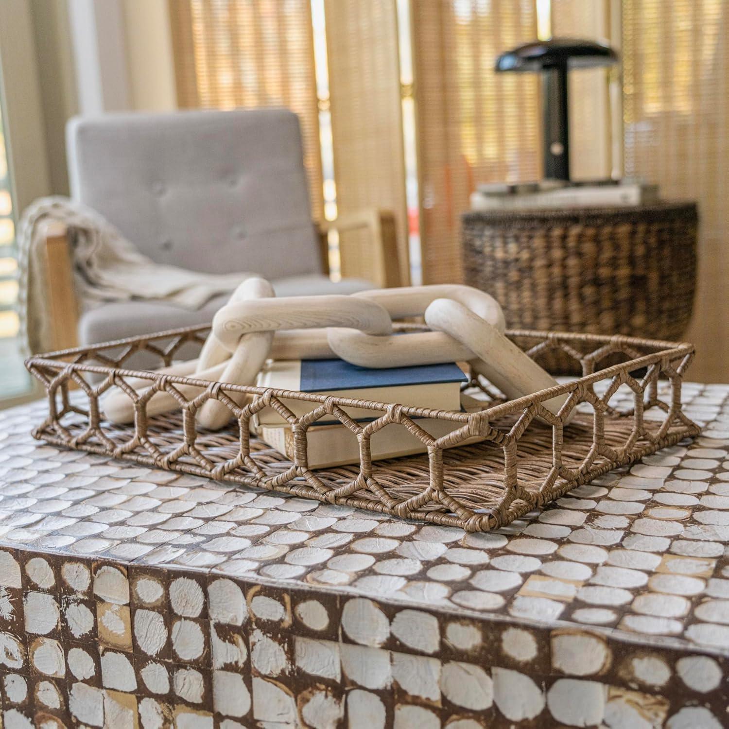 Natural Hand-Woven Rattan Rectangular Tray with Iron Frame