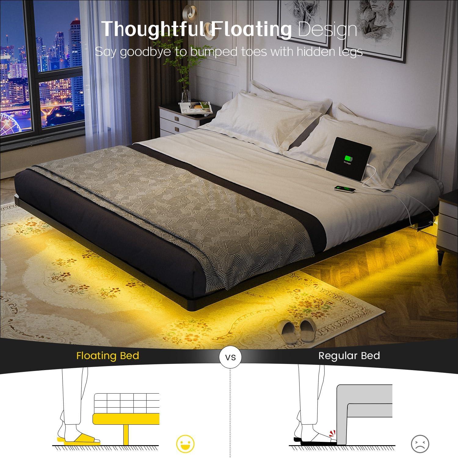 Floating Bed Frame With Led Lights Metal Platform Bed, No Squeak