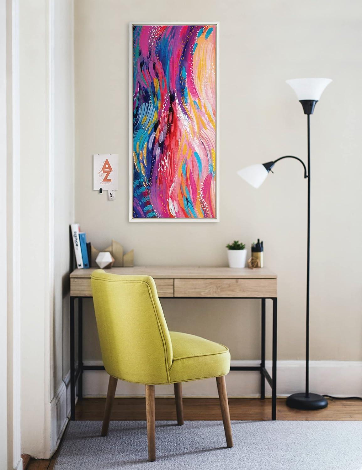 Vibrant Rainbow Abstract Canvas Wall Art with White Frame, 18 x 40