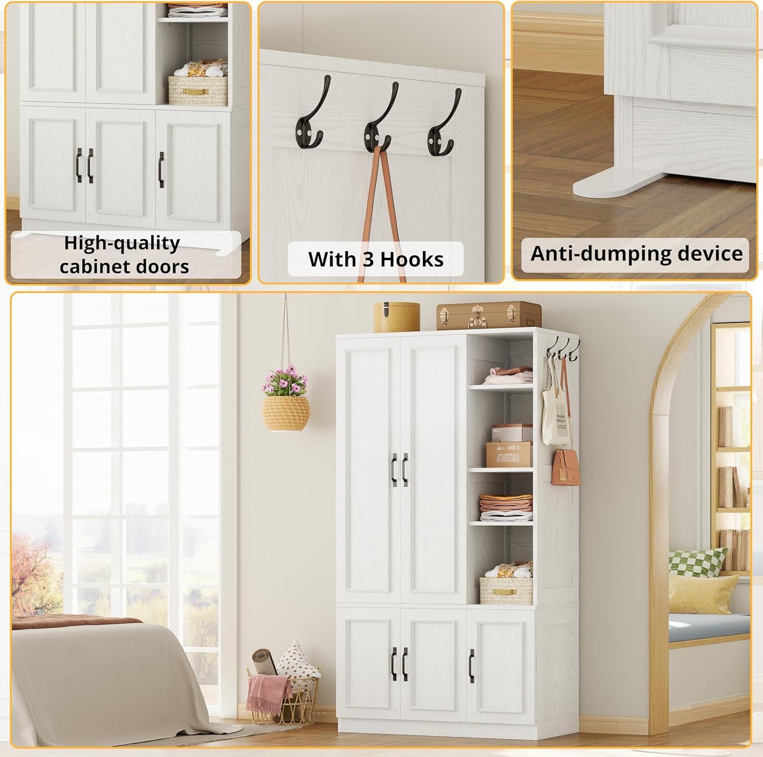 LIKIMIO Armoire Wardrobe Closet 70" H, 5 Doors Bedroom Wooden Wardrobe with 4 Storage Shelves and Hanging Rod, Clothing Storage Cabinet Organizer Combination, White