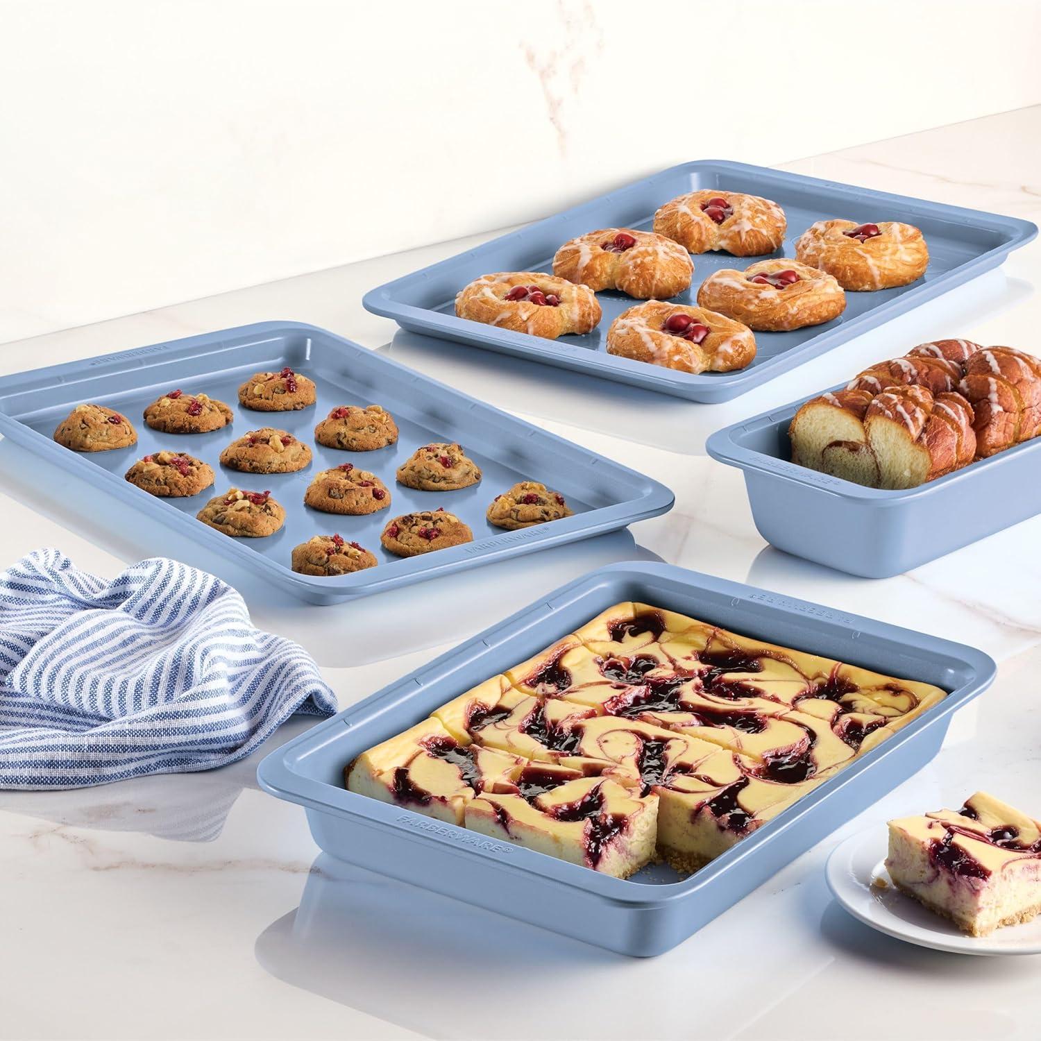 Farberware Easy Solutions Nonstick Bakeware Set, Two Cookie  Pans, Loaf Pan / Bread Pan, Cake Baking Pan, 4 Piece, Blue