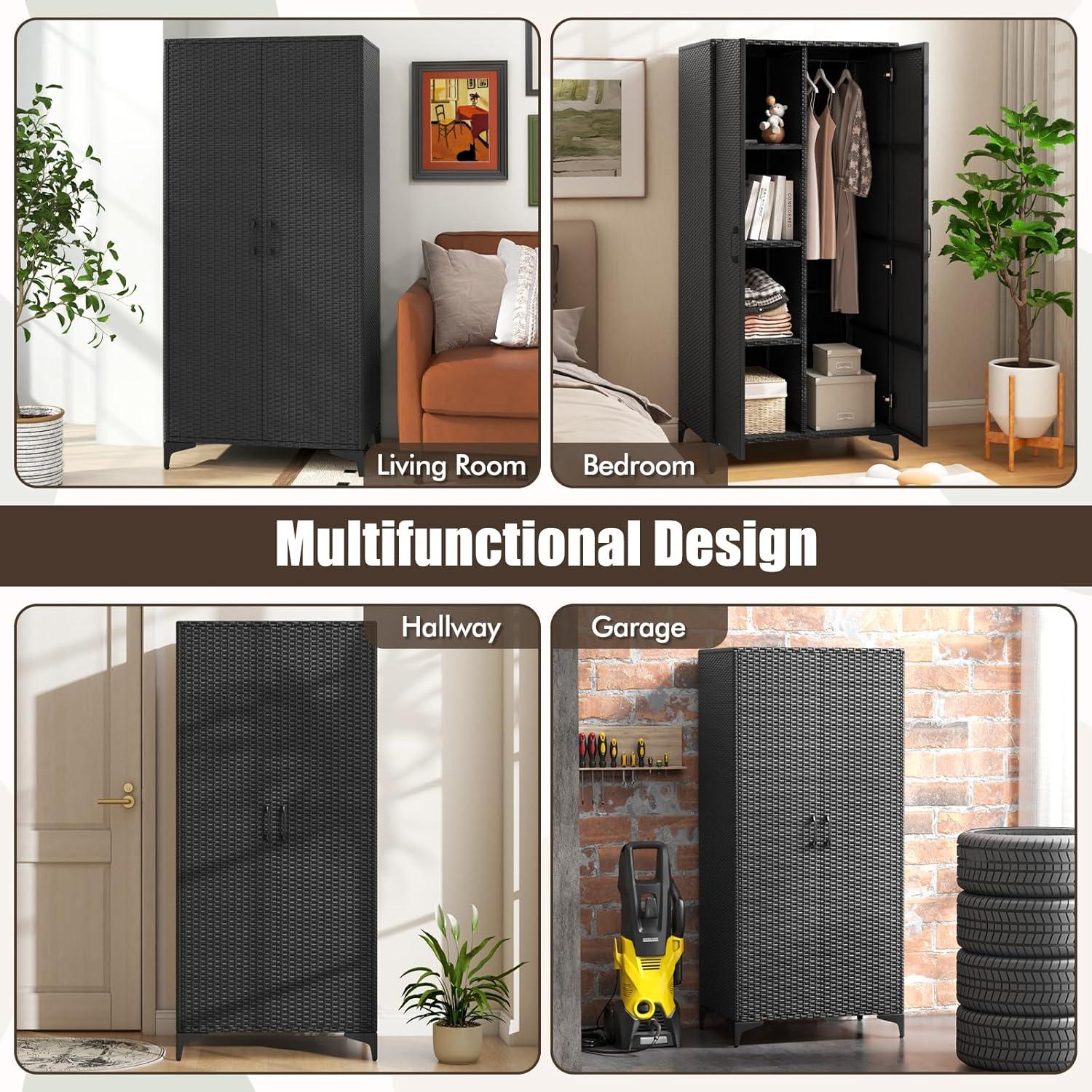 Canddidliike 62 Inch Wicker Wardrobe with 2 Doors PE Rattan Closet with Hanging Rod-Black, Storage Organizer for Bedroom, Non-Woven Fabric Cover