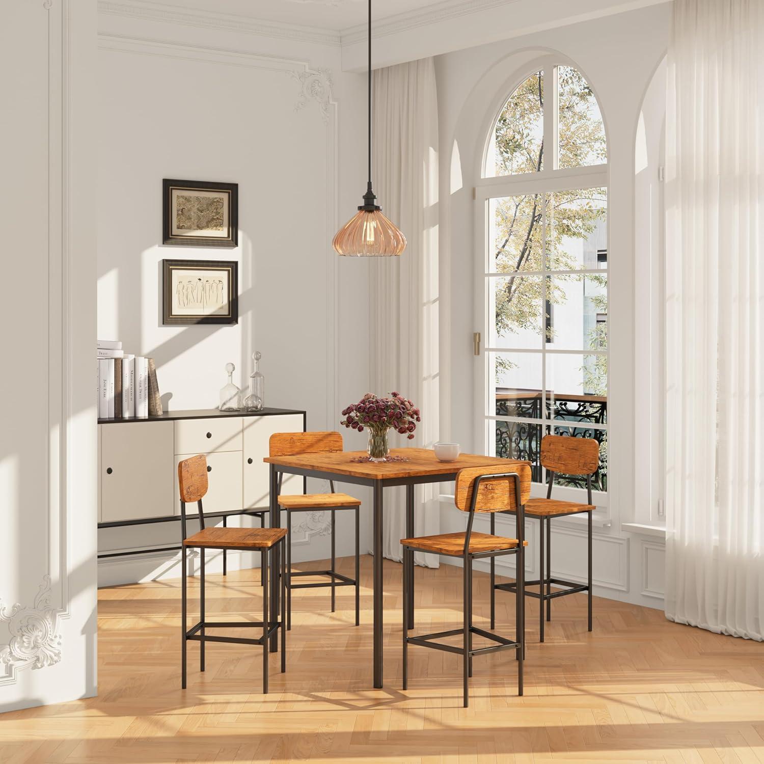 Brown Industrial Square Dining Table Set with 4 Chairs