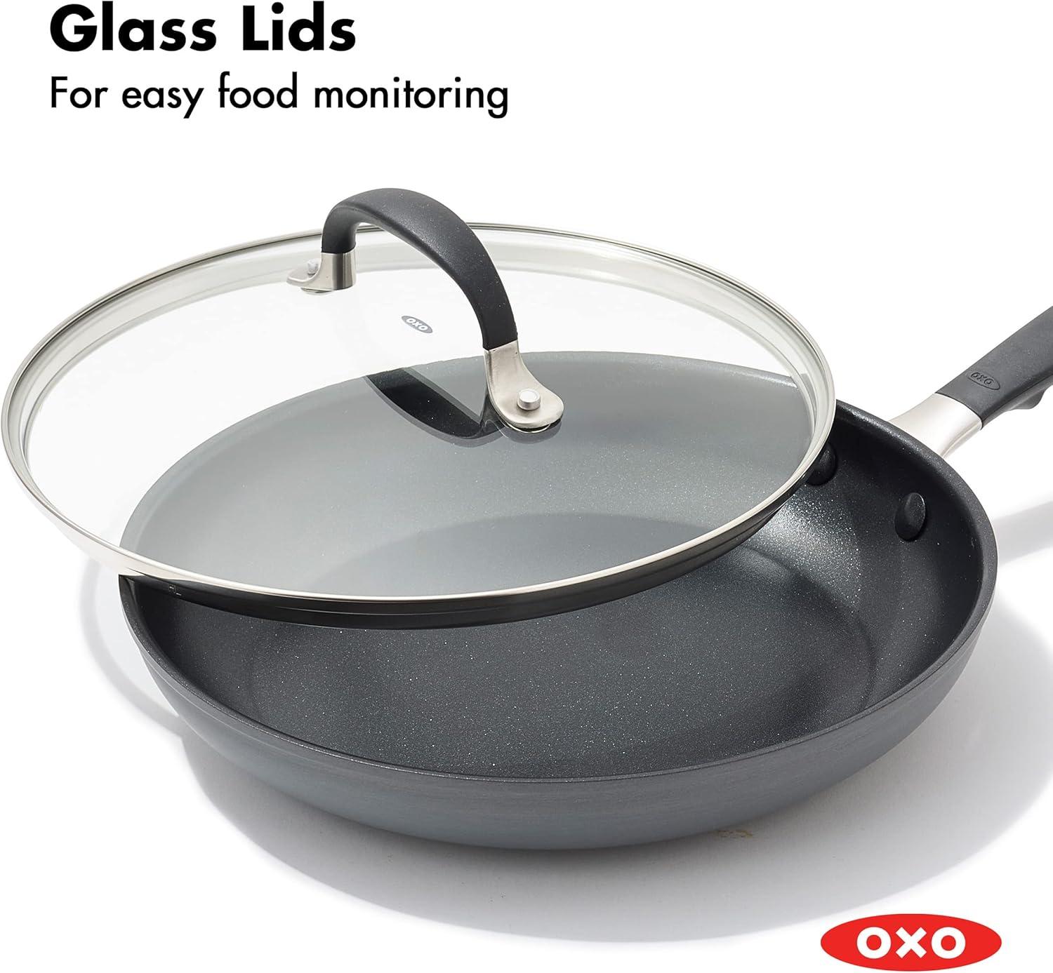 OXO Good Grips 11" Frying Pan Skillet with Lid, 3-Layered German Engineered Nonstick Coating, Stainless Steel Handle with Nonslip Silicone, Black