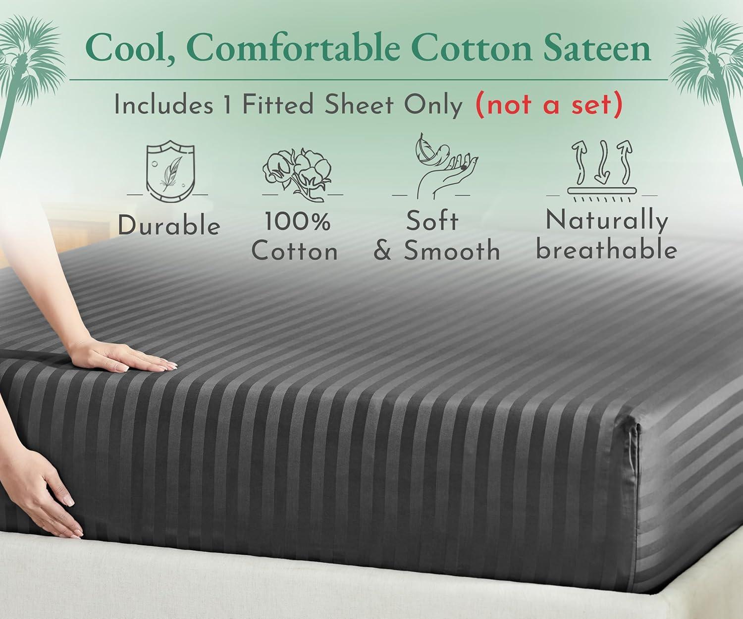 Fitted Sheet Only, Striped 500 Thread Count 100% Cotton Sateen, Deep Pocket by California Design Den - Stripe - Grey, Queen