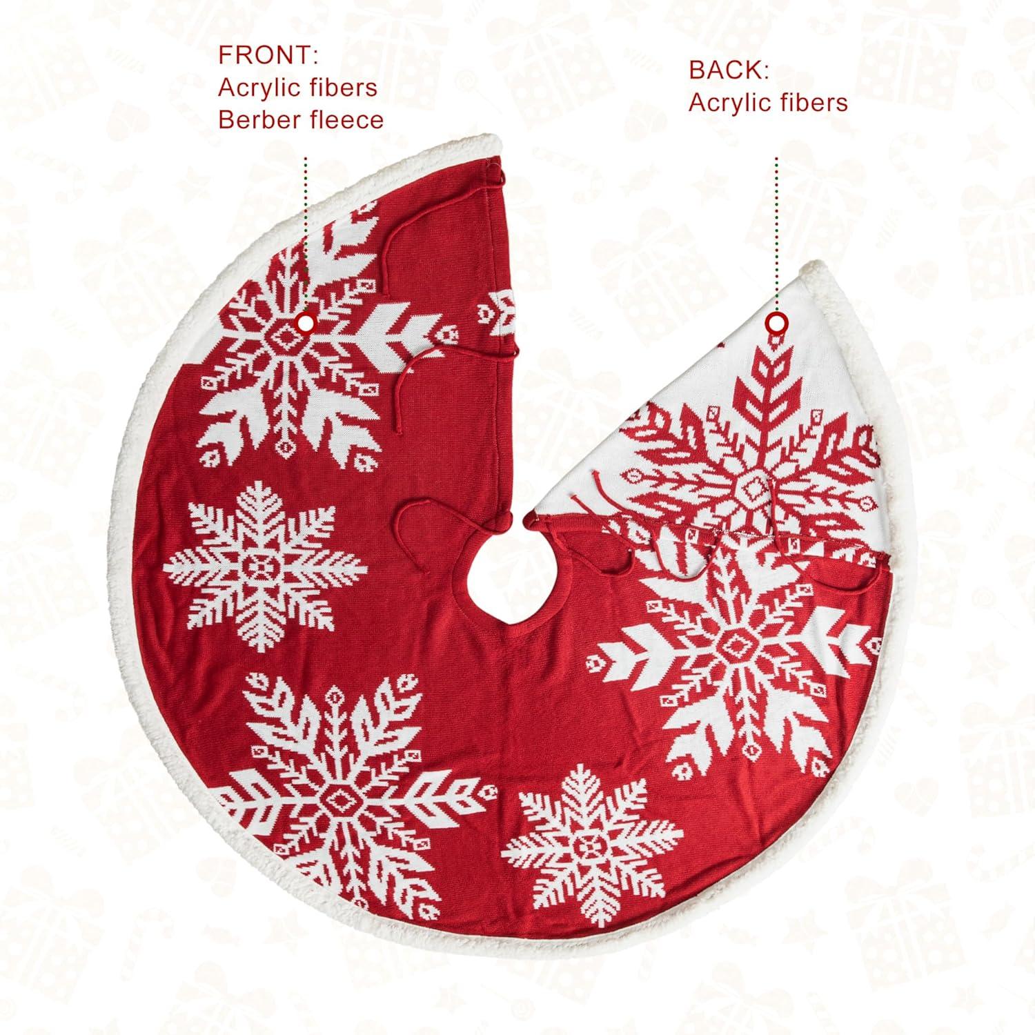 Red and White Knitted Snowflake Christmas Tree Skirt, 48 Inches