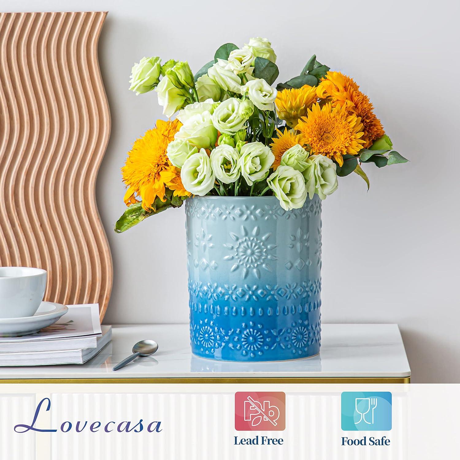 Large Light Blue Ceramic Embossed Utensil Holder Crock