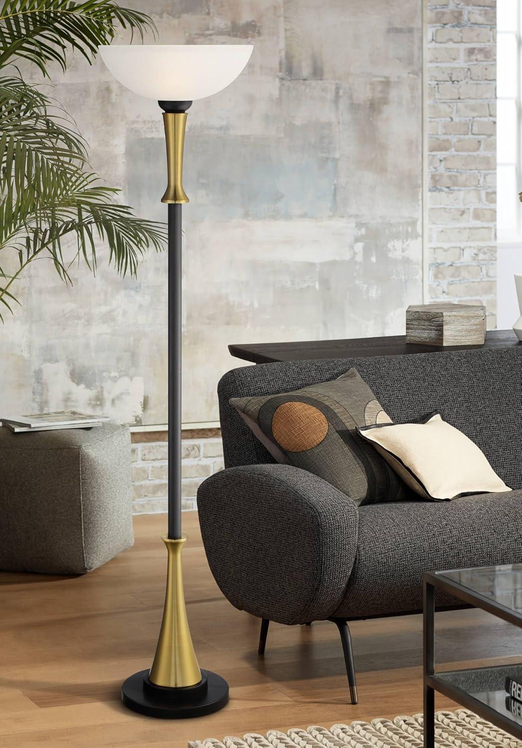 Possini Euro Design Burbank Modern Art Deco Torchiere Floor Lamp 70" Tall Black Brass Frosted White Glass Shade for Living Room Bedroom Office House