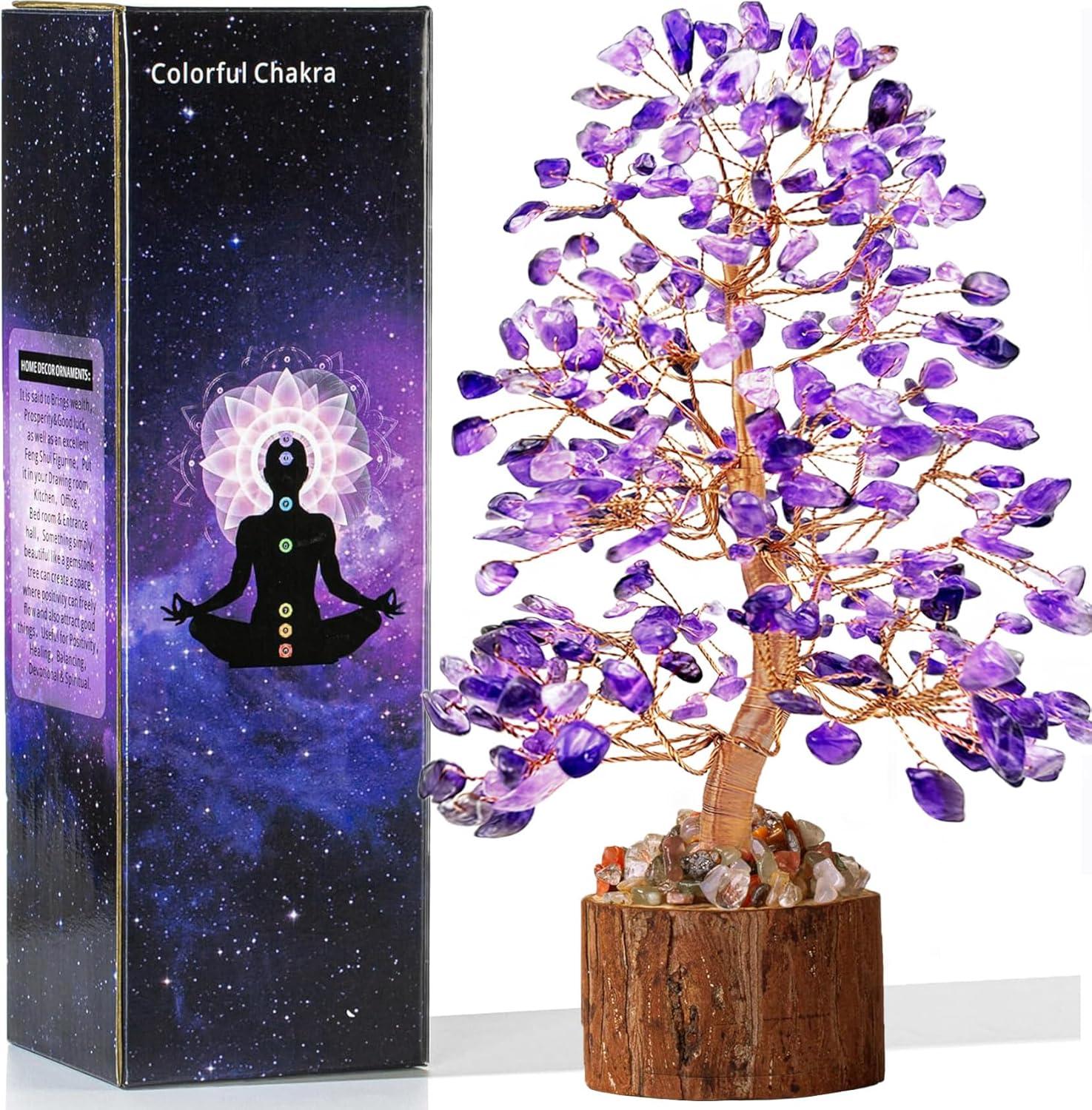 Amethyst Chakra Tree of Life - Crystal Tree for Positive Energy, Feng Shui Decor - Handmade Gemstone Tree, Good Luck Money Bonsai, Purple Healing Crystals, Meditation Stone, Spiritual Mystical Gift