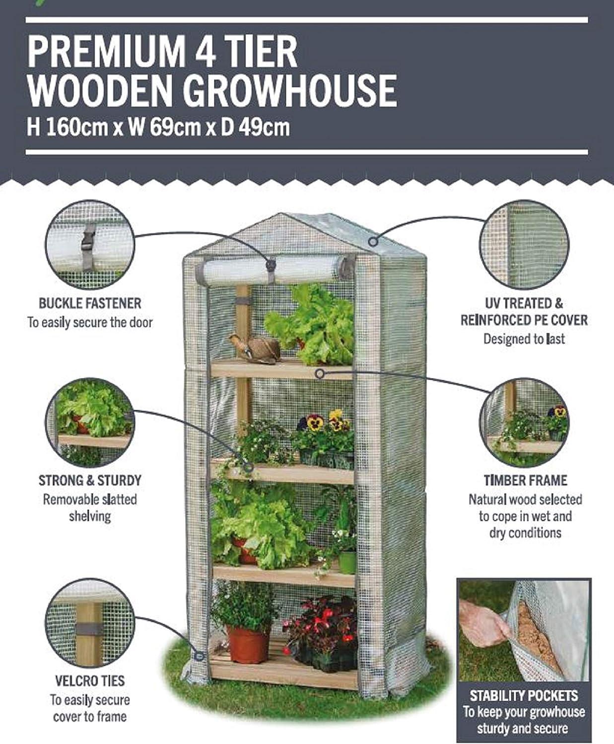 Gardman Elegance 24"x19" Wooden 4-Tier Greenhouse with UV Treated Cover