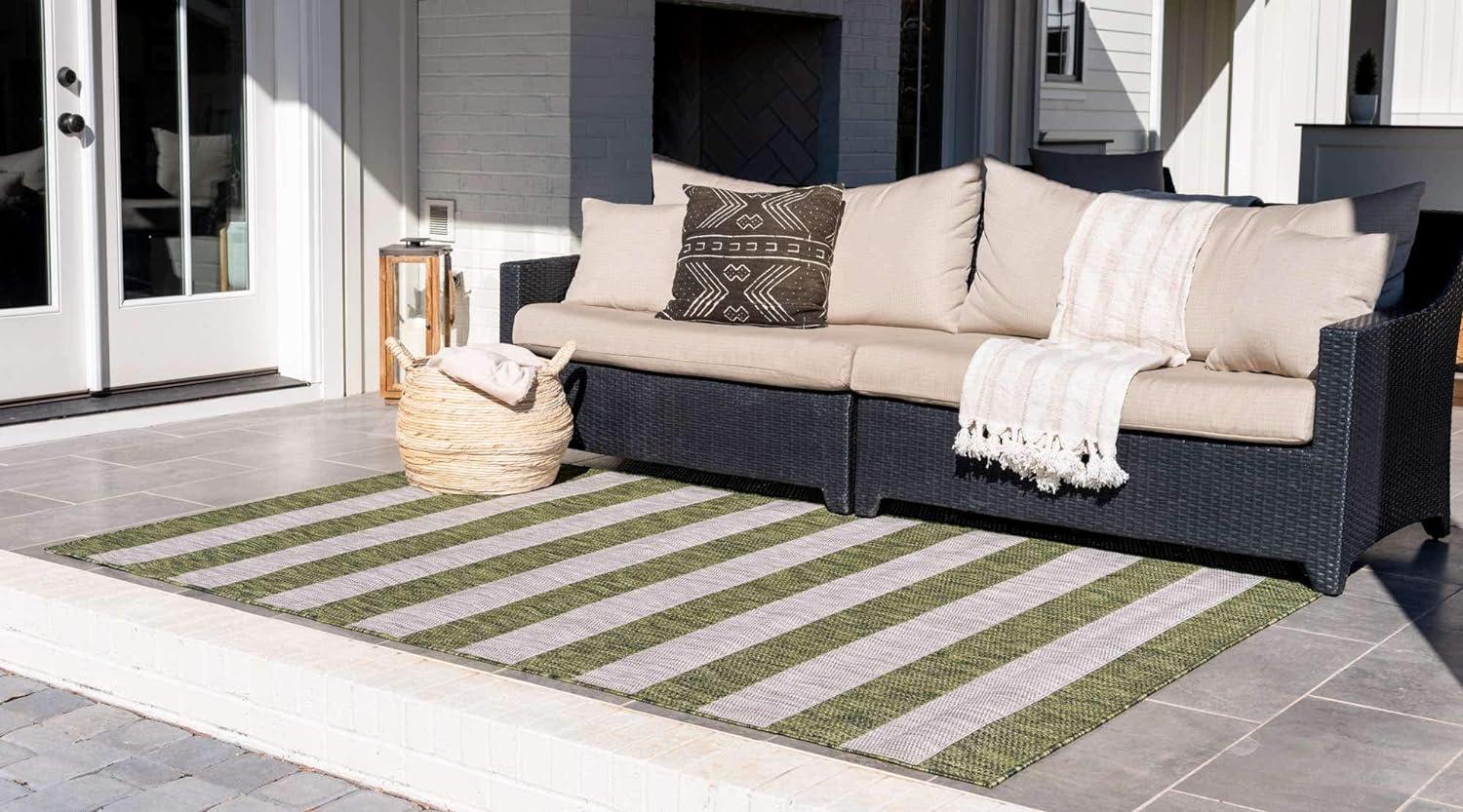 Green Stripe Easy-Care Synthetic Outdoor Area Rug 9' x 12'