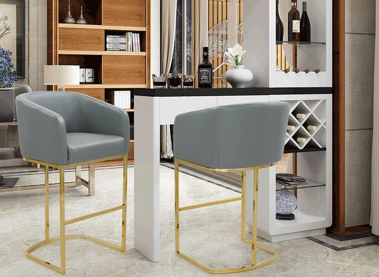 Tess Modern Gray Leather Bar Stool with Gold Metal Frame