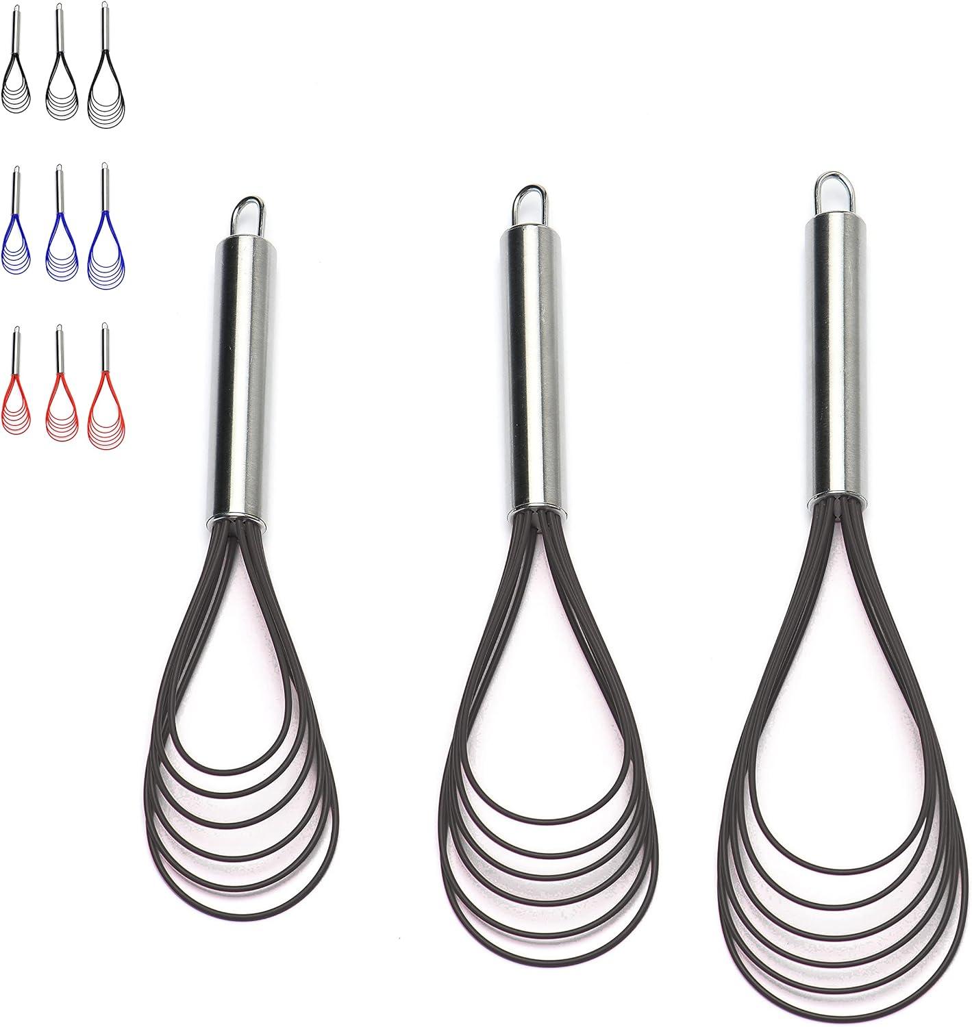 Flat Whisks Stainless Steel,3 Pack 10''+11''+12'' Set Premium Sturdy-6 Silicone Heads Non Stick Wires Whisk for Blending Beating Stirring Kitchen Cooking Color Grey