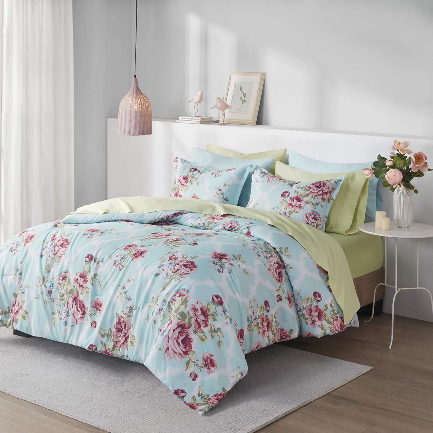 Comfort Spaces 9-Piece Floral Queen Size Bed in a Bag Comforter Bedding Sets with Sheets and Side Pockets , Blue/Red