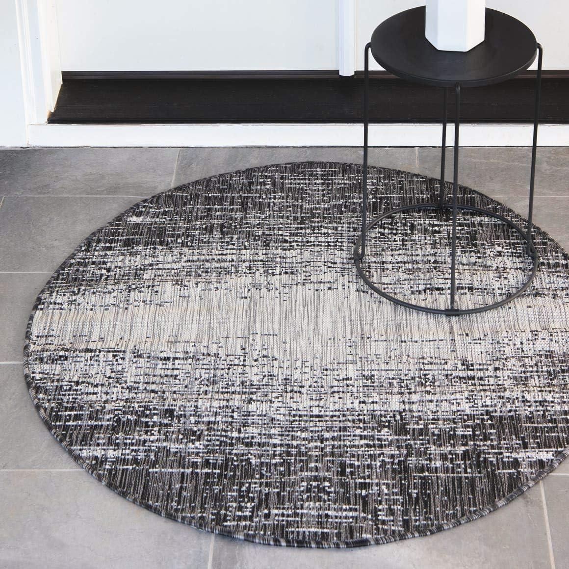 Charcoal Gray Round Abstract Outdoor Area Rug