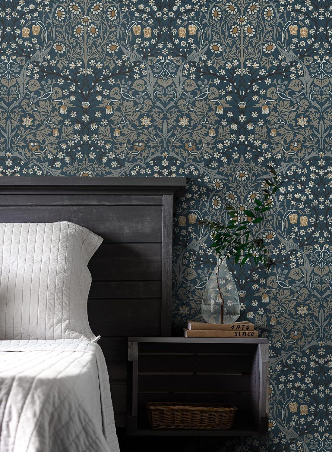 NextWall  Victorian Garden Floral Peel and Stick Wallpaper 20.9 in. W x 18 ft. L - Aegean Blue & Warm Stone